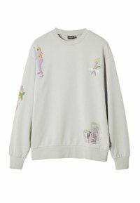 Sudadera gris clara de algodón, con coloridos patrones ilustrados en las mangas y en la parte frontal. Puños y dobladillo acanalados. Diseño casual.
