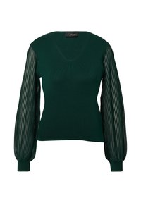 Dunkelgrüner V-Ausschnitt-Pullover mit transparenten, vertikal gestreiften langen Puffärmeln und engen Bündchen.
