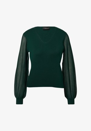 Donkergroene V-halstrui met doorschijnende, verticaal gestreepte lange pofmouwen en aansluitende manchetten.
