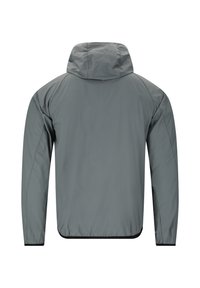 Graue, leichte Jacke mit Kapuze, die über eine glatte Textur, elastische Bündchen und einen Saum mit kontrastierendem schwarzen Besatz verfügt.
