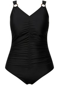 Costume intero nero con scollatura a V, dettaglio arricciato al centro, spalline regolabili e accenti in metallo sugli spallacci.