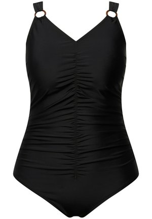Costume intero nero con scollatura a V, dettaglio arricciato al centro, spalline regolabili e accenti in metallo sugli spallacci.
