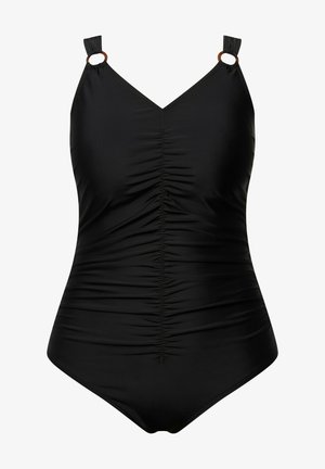 Musta yksiöinen uimapuku, jossa on V-mallinen kaula-aukko, keskellä rypytystä, säädettävät hihnat ja metallirenkaat olkahihnassa.