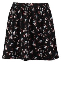 Mustakukkallinen hame, jossa on joustava vyötärö, ja pieniä vaaleanpunaisia ja sinisiä kukkia ympäriinsä, valmistettu kevyestä kankaasta.