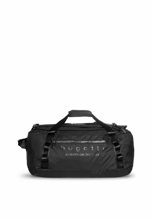 Sac polochon noir Bugatti avec poche avant zippée et poignées, avec le texte « ALWAYS ON THE WAY » sur le côté.