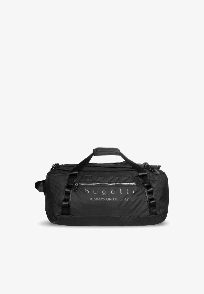 Sac polochon noir Bugatti avec poche avant zippée et poignées, avec le texte « ALWAYS ON THE WAY » sur le côté.