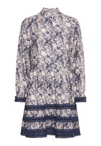 Ziedu raksta garām piedurknēm, ar augstu apkakli, krēmkrāsas un tumši zilu krāsu, ar frillēm un mežģīnēm uz piedurknēm un apakšmalas.