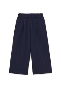Navyblauwe broek met brede pijpen en een fijne streepjespatroon, voorzien van een comfortabele elastische tailleband en een soepele stofstructuur.
