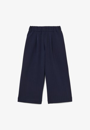 Navyblauwe broek met brede pijpen en een fijne streepjespatroon, voorzien van een comfortabele elastische tailleband en een soepele stofstructuur.