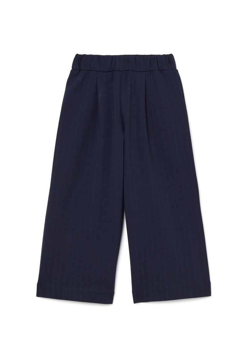 Navyblauwe broek met brede pijpen en een fijne streepjespatroon, voorzien van een comfortabele elastische tailleband en een soepele stofstructuur.