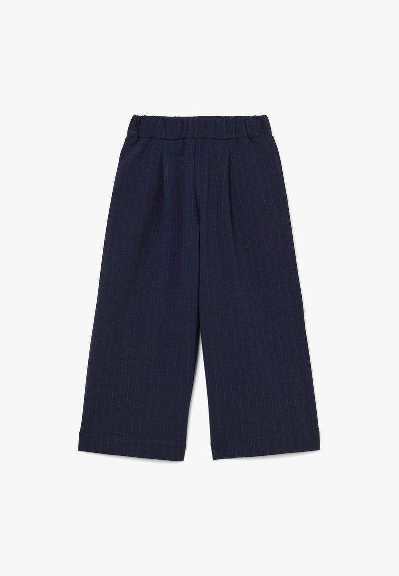 Navyblauwe broek met brede pijpen en een fijne streepjespatroon, voorzien van een comfortabele elastische tailleband en een soepele stofstructuur.