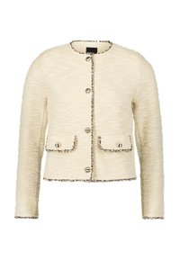 Cremefarbene Tweedjacke mit strukturierter Passform, Haken- und Ösenverschlüssen, zwei Fronttaschen und strukturierten Details entlang der Kanten.