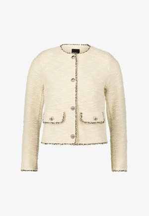 Cremefarbene Tweedjacke mit strukturierter Passform, Haken- und Ösenverschlüssen, zwei Fronttaschen und strukturierten Details entlang der Kanten.