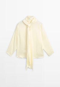 Gele blouse met lange mouwen en een brede, ronde halslijn, voorzien van een voorste strikdetail. Gemaakt van een gestructureerde, lichte stof.