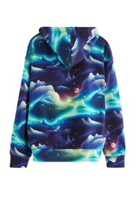 Felpa con cappuccio dal design galattico colorato, con sfumature di blu, verde acqua e viola, arricchita da motivi montani e celesti. Tessuto morbido.