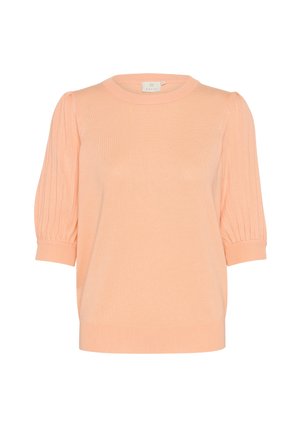 Maglione a maglia color pesca con maniche corte a sbuffo a costine, scollatura rotonda e una texture morbida. Presenta una vestibilità aderente e dettagli minimi.