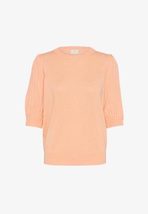 Pfirsichfarbenes Strickpullover mit rundem Ausschnitt, kurzen Puffärmeln mit Rippenmuster und einem lockeren Schnitt. Weiche Textur.