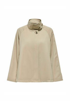 Veste légère beige avec col montant, fermeture à boutons, manches longues et détails de coutures discrètes.