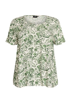 Kortærmet, hvid bluse med grøn paisley- og blomsterprint, rund halsudskæring, løs pasform.
