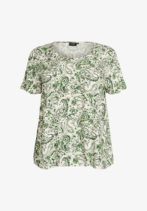 Short-sleeve, white blouse with green paisley and floral pattern, round neckline, loose fit.