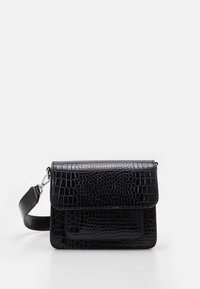 Black crossbody bag with a crocodile texture, rectangular shape, a flap closure, and an adjustable strap. Smooth finish with subtle accents.