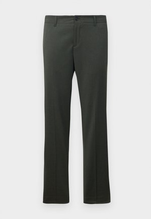 Pantalons formels vert foncé avec passants de ceinture, fermeture à bouton à l'avant et coupe droite.