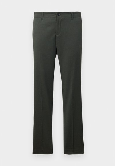 Dark green formal trousers with belt loops, front button closure, and straight leg cut.
