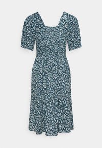 Vestido midi floral en un verde azulado oscuro, con mangas cortas abullonadas, escote cuadrado y cintura fruncida, con falda acampanada y estampado floral blanco.