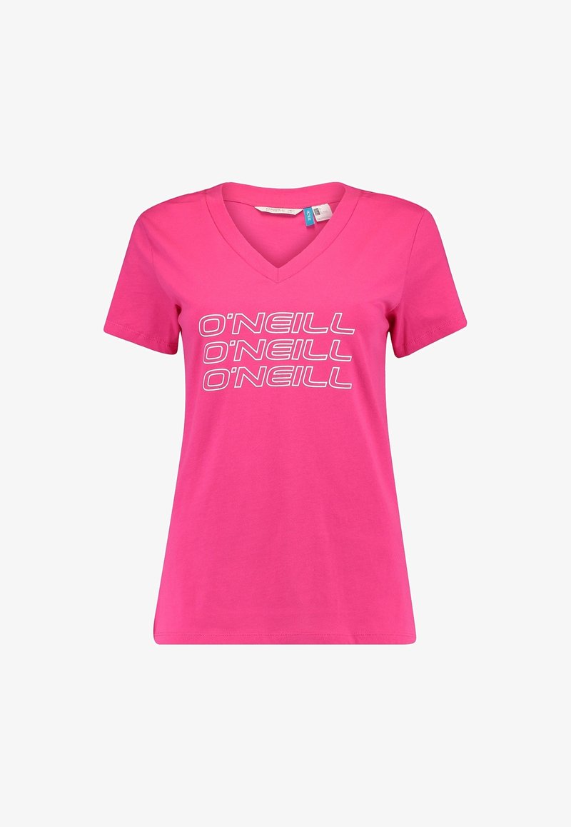 Vaaleanpunainen lyhythihainen T-paita, jossa on V-aukko. Edessä kolmeen riviin painettu näyttävä valkoinen teksti "O'NEILL". Puuvillakangasta, sileä pinta.