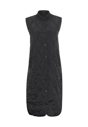 Gilet senza maniche imbottito nero con motivo a diamante, scollatura rotonda e chiusura frontale con bottoni. Tessuto leggero con una consistenza liscia.