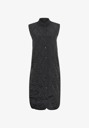 Sort quiltet ærmeløs vest med diamantmønster, rund halsudskæring og knaplukning foran. Letvægtsstof med en glat overflade.
