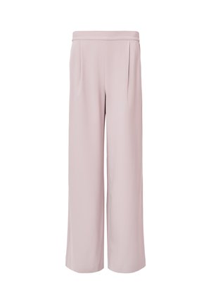 Pantaloni a gamba larga rosa chiaro realizzati in tessuto morbido, con pieghe frontali e una vita alta per un aspetto sartoriale.