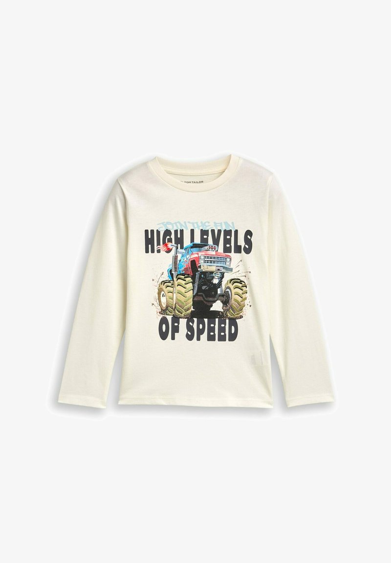Langarm-Cream-T-Shirt mit einem blauen und roten Monstertruck-Graphic, oversized grünen Reifen und fettem schwarzen Text: "HOHE GESCHWINDIGKEITSLEVEL."