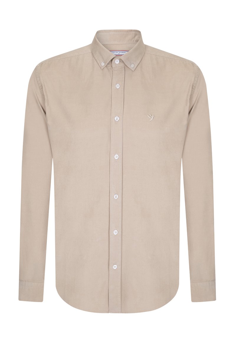 Beige langærmet skjorte lavet af blødt stof med knappet krave, knaplukning foran og et lille broderet fuglelogo.