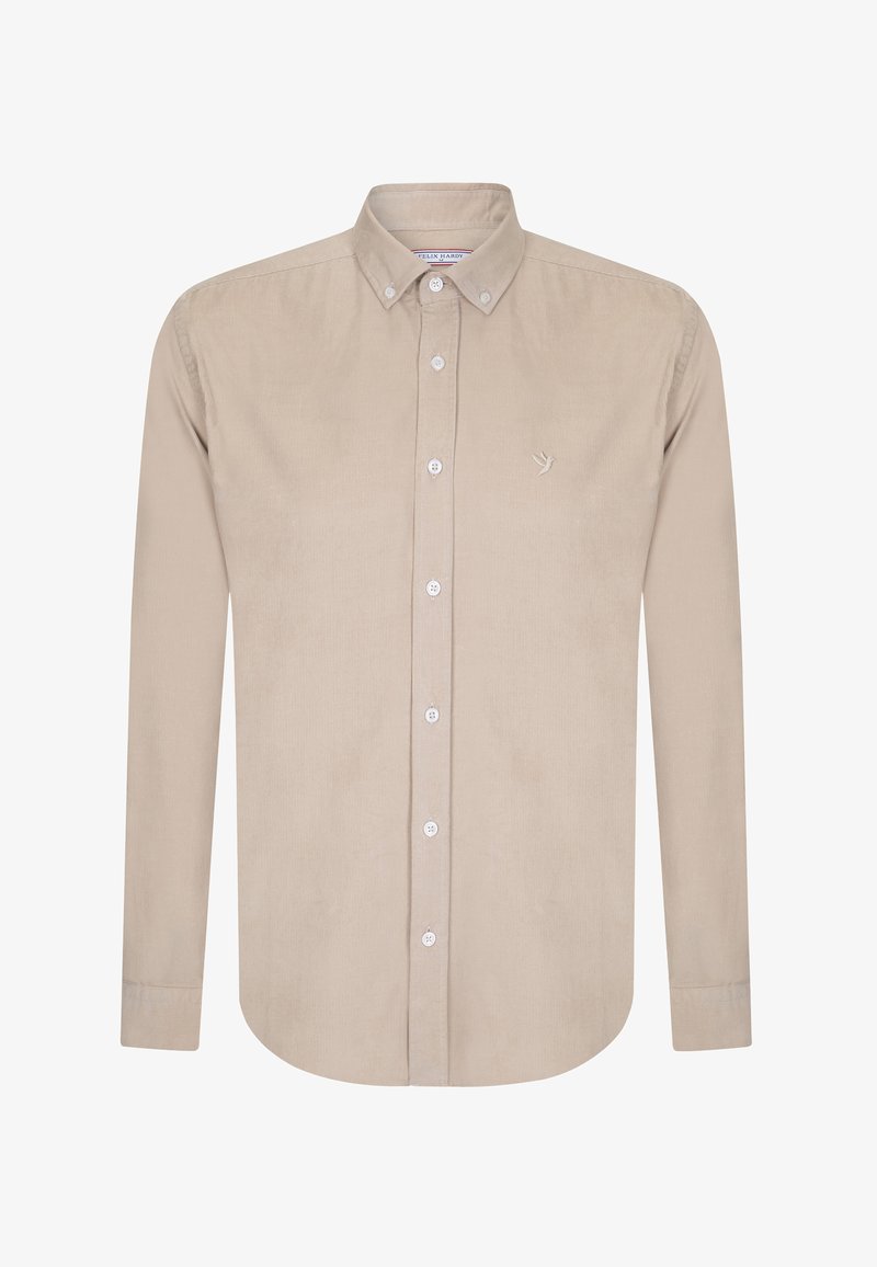 Beiges Langarmhemd aus weichem Stoff, mit einem Button-Down-Kragen, einer Knopfleiste vorne und einem kleinen, bestickten Vogel-Logo.