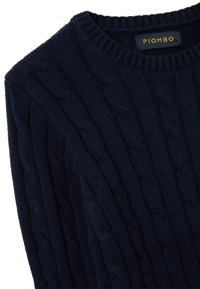 Dunkelblauer Strickpullover mit Kabelmuster und geripptem Kragen. Das Etikett trägt die Aufschrift "PIOMBO". Das Material hat ein weiches, voluminöses Aussehen.