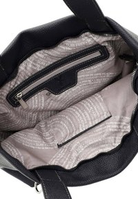 Black textured leather handbag featuring a gray interior with text patterns, a zippered pocket, and a main compartment with a soft lining.