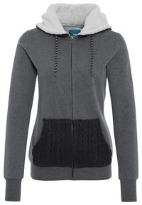 Sudadera con cremallera gris oscuro, con capucha forrada de felpa blanca, cordones y dos bolsillos delanteros texturizados en negro.