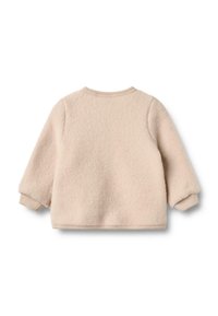 Mikina z fleecu v jemné béžové barvě, s hladkou texturou, kulatým výstřihem a žebrovanými manžetami. Zadní pohled ukazuje jednoduchý, nezdobený design.