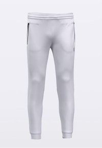 Hvite joggebukser laget av et glatt, lett materiale. Har glidelåslommer på sidene, elastisk midjebånd og ribbestrikkede mansjetter.