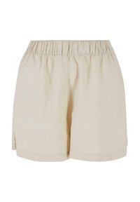 Shorts en lin beige avec une taille élastique, fentes latérales et coupe décontractée. Texture lisse, design décontracté et finitions simplifiées.