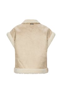 Giacca in misto lana beige con una superficie morbida e testurizzata. Presenta un colletto e dei polsini in pelliccia sintetica, con un design semplice e aperto.