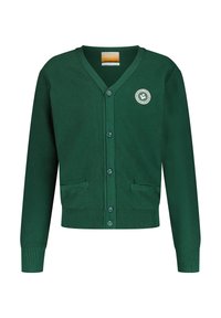 Groene gebreide cardigan met een V-hals, knoopsluiting, twee voorzakken en een decoratieve badge op de linkerborst. Gelaagd gaasontwerp.