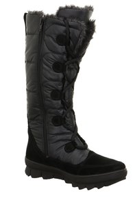 Schwarzer kniehoher Winterstiefel aus gestepptem Nylon mit Kunstfellbesatz, seitlichem Reißverschluss, Schnürdetails und einer robusten Gummisohle.