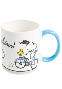 Ceramic mug featuring a cartoon dog on a bicycle, with blue handle and accents, white body, and black outlines with yellow details.