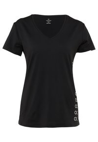 Czarny damski T-shirt z krótkim rękawem i dekoltem w serek, z małym białym logo Calvin Klein po lewej stronie przy dole.