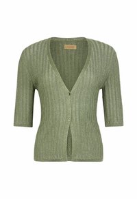 Grönstickad kofta med V-ringning, korta ärmar, ribbad struktur och knappstängning framtill. Har en enfärgad design utan mönster.