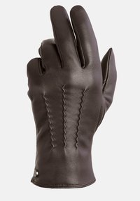 Braune Lederhandschuhe mit drei sichtbaren Fingern, strukturierten Nähten, die vertikal verlaufen, und einem kleinen metallischen Akzent am Handgelenk.