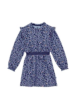 Long-sleeve dress in purple fabric with leopard print, featuring ruffled shoulder accents and an elastic waistband for a fitted look.