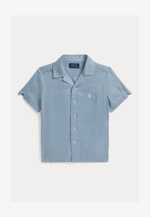 Φωτεινό γαλάζιο κοντομάνικο πουκάμισο με κουμπιά, γιακά τύπου camp και μικρό λευκό κεντημένο λογότυπο Polo Ralph Lauren στο στήθος.